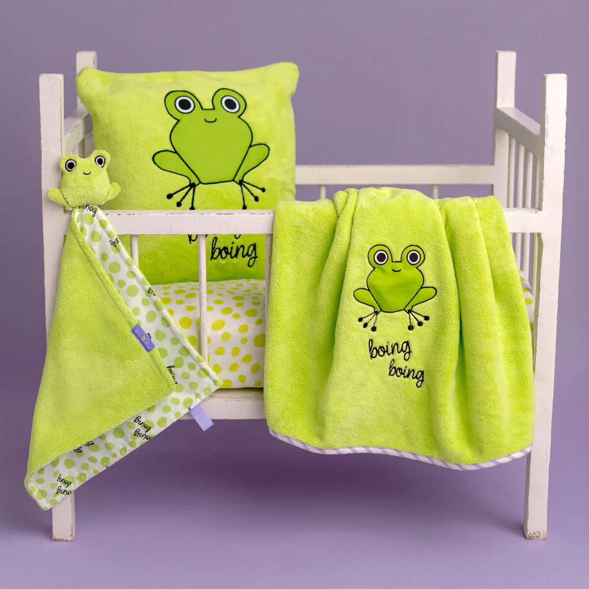 Cotton Baby Blanket + Pillow Set — Cheerful Froggo Finley