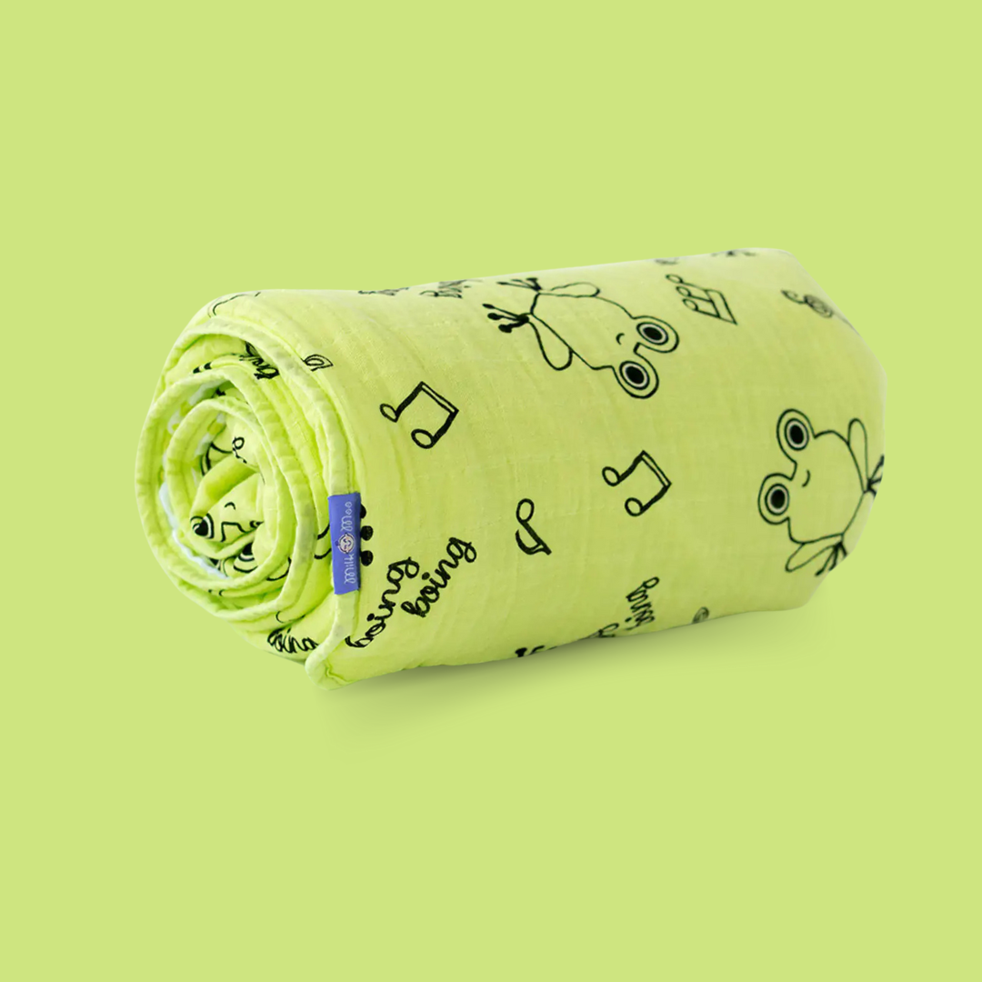 Cotton Muslin Baby Fiber Filled Blanket — Cheerful Froggo Finley