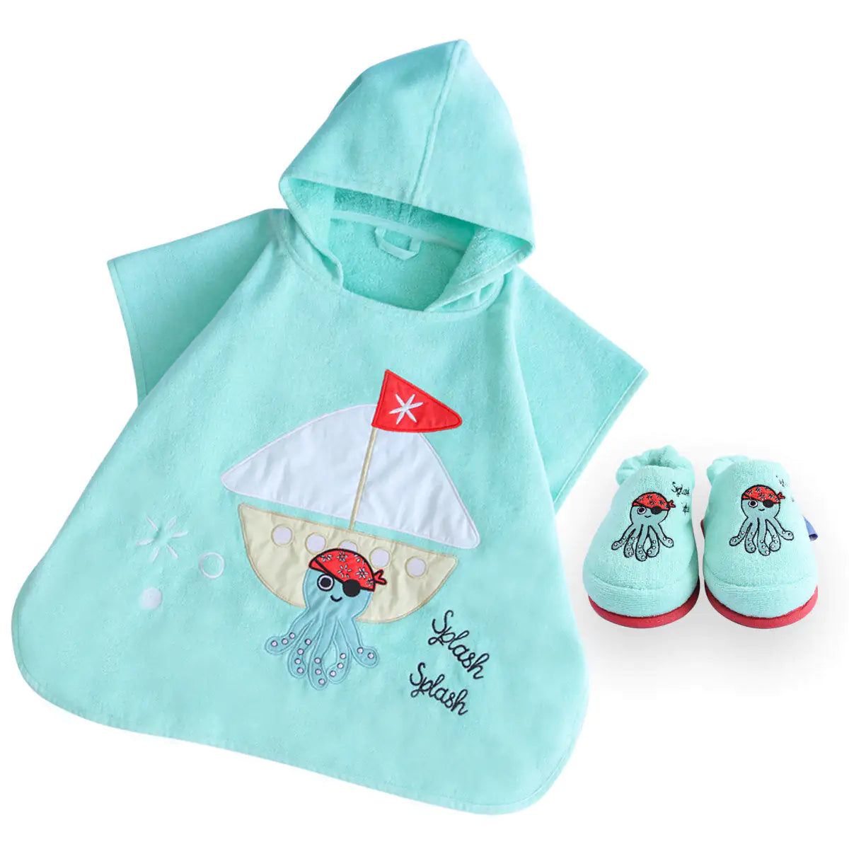 Cotton Poncho + Soft Kid Slippers Set — Sailor Octopus Ollie
