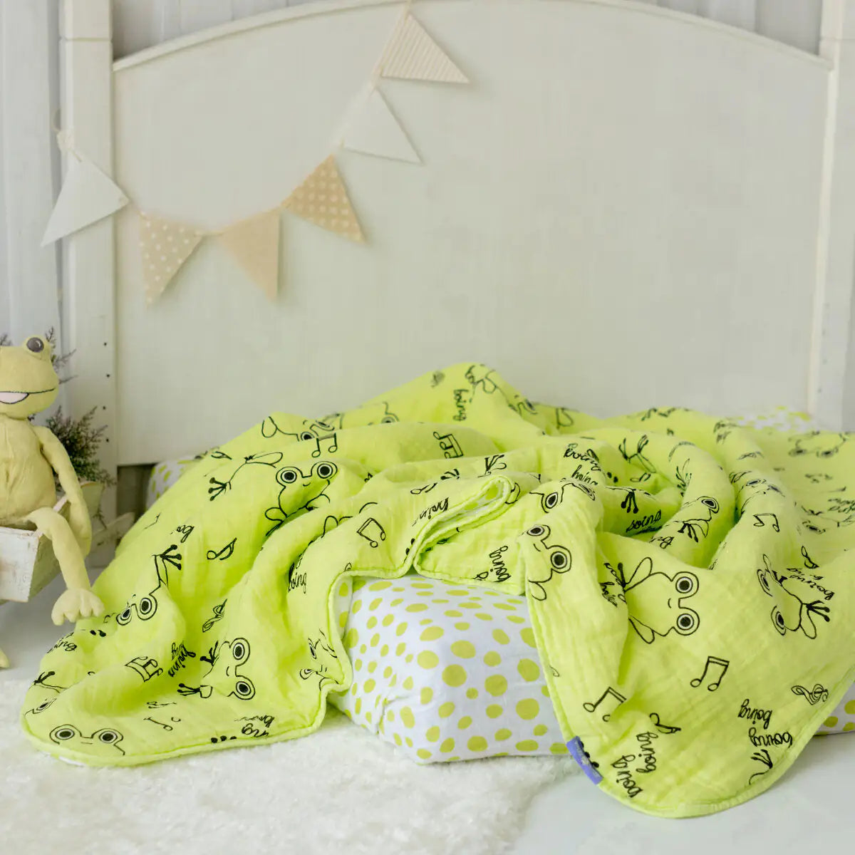 Cotton Muslin Baby Fiber Filled Blanket — Cheerful Froggo Finley