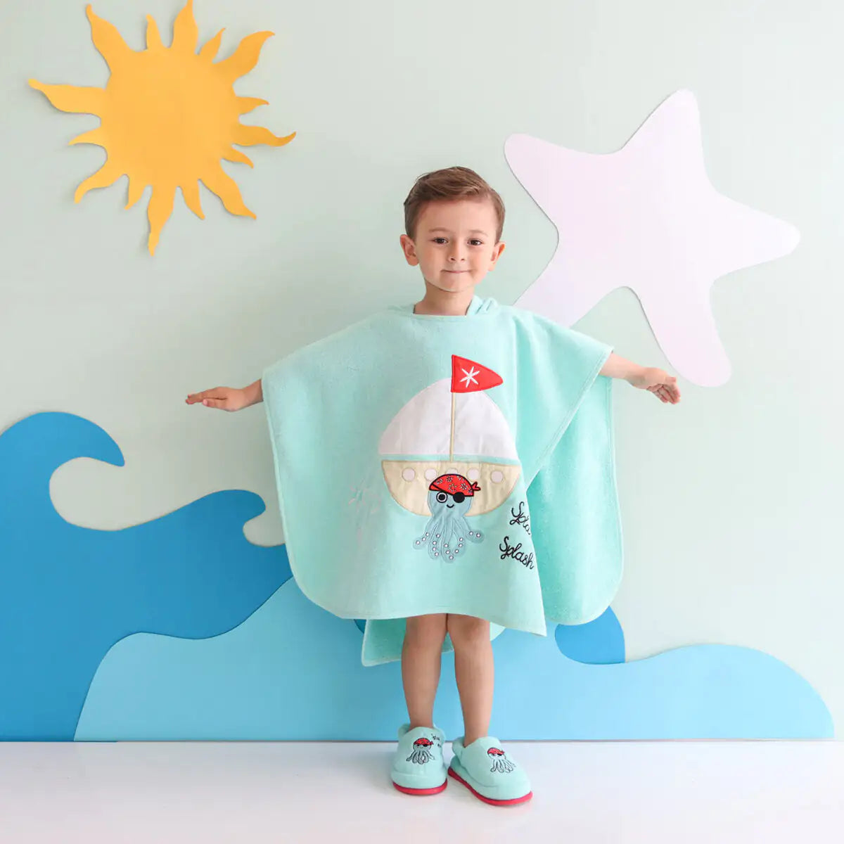 Cotton Poncho + Soft Kid Slippers Set — Sailor Octopus Ollie