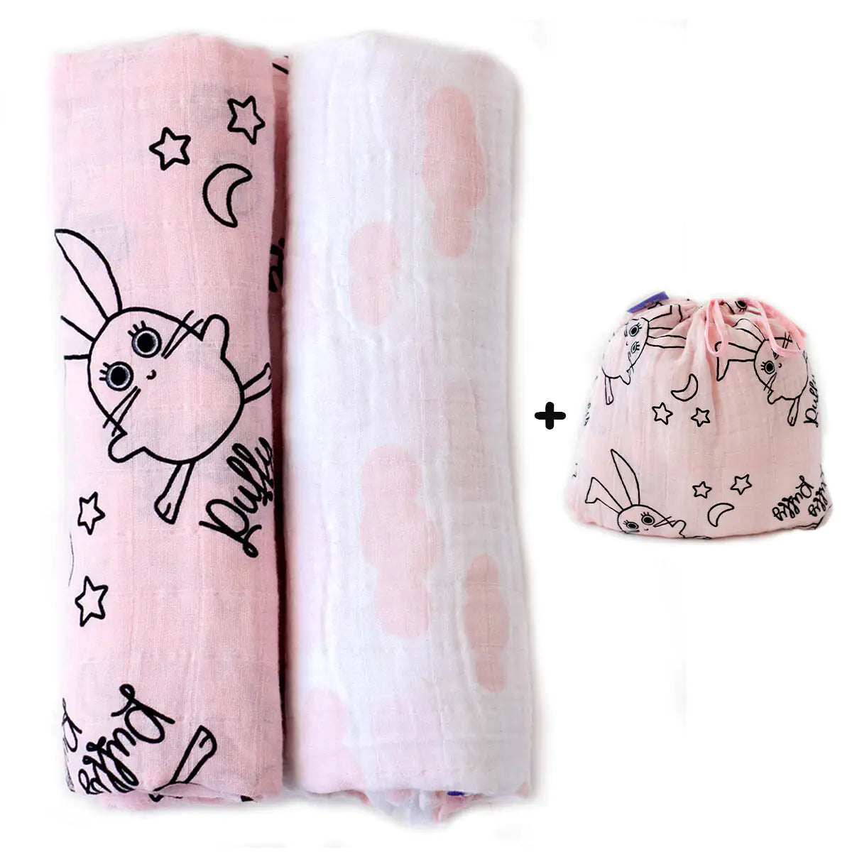 Set of 2 Botton Muslin Babby Swaddle Blanket — Funny Bunny Benny