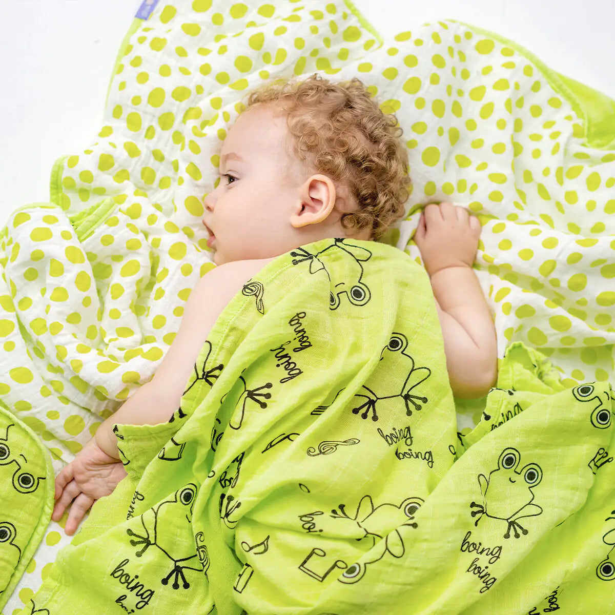 Cotton Muslin Baby Fiber Filled Blanket — Cheerful Froggo Finley