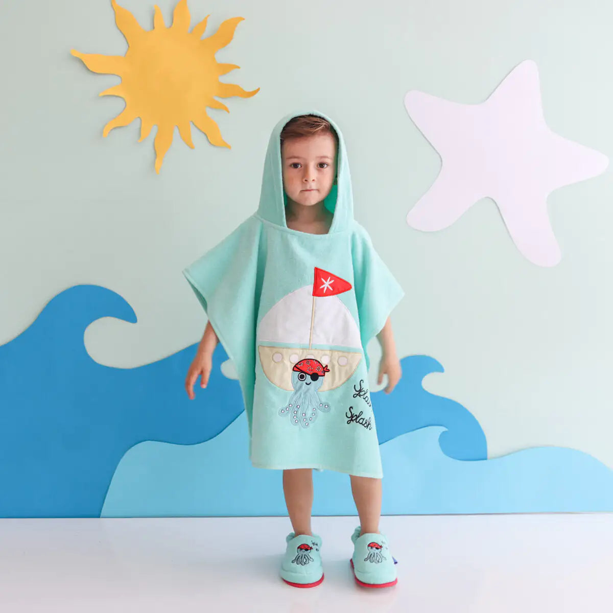 Cotton Poncho + Soft Kid Slippers Set — Sailor Octopus Ollie